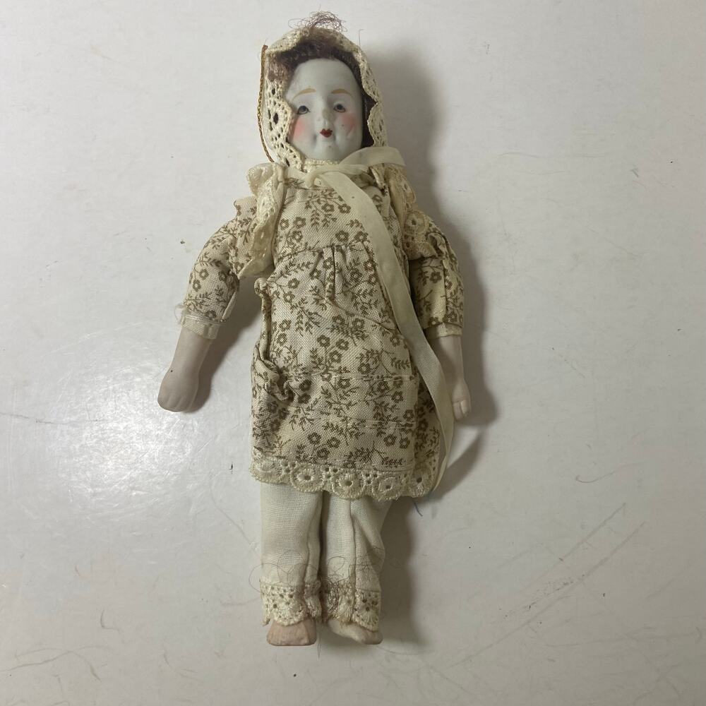 Vintage Doll 8" Ornament 1950's ? Bisque Porcelain Floral Cloth Body Read